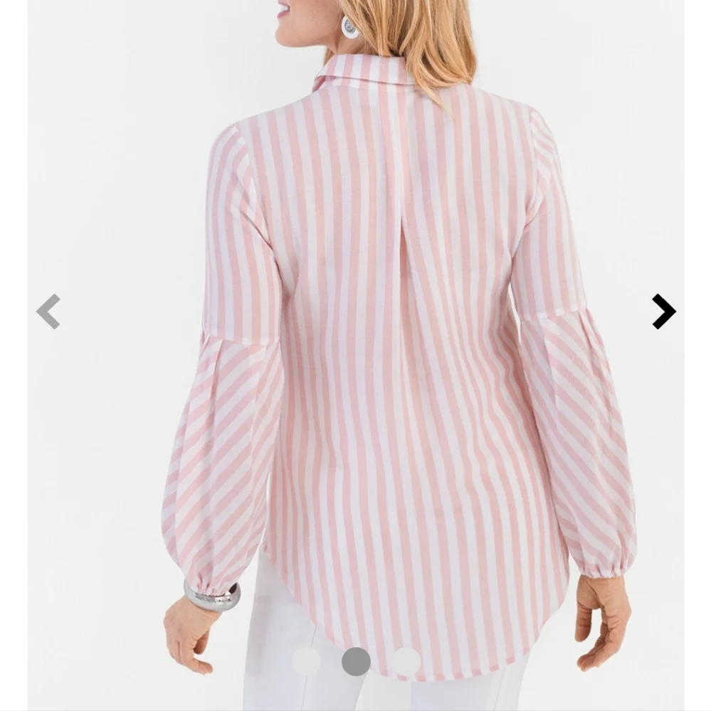 Chico's Striped Drama-Sleeve Shirt Women's L Pink White Strips Office Casual - Picture 6 of 9